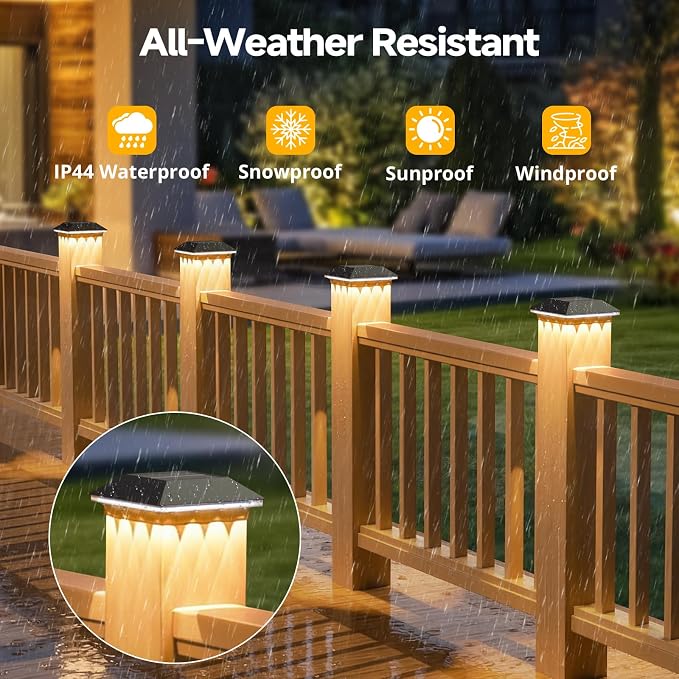 8 Pack 4x4 Solar Post Light, 3 Modes Wooden Vinyl Fence Cap, Black | 3 color temperatures, Waterproof LED Solar Post Lights, Patio Porch Decor, Only Fit Two True Size Post: 3.5''x3.5'', 4''x4''