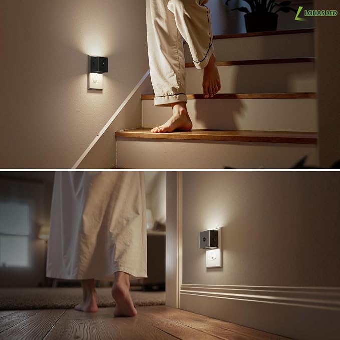 L LOHAS LED Plug in Night Light with Motion Sensor and Dusk to Dawn Sensor | LED Night Light Brightness Adjustable,5000K Daylight White, Nightlight for Bathroom Hallway Kitchen 4 Pack