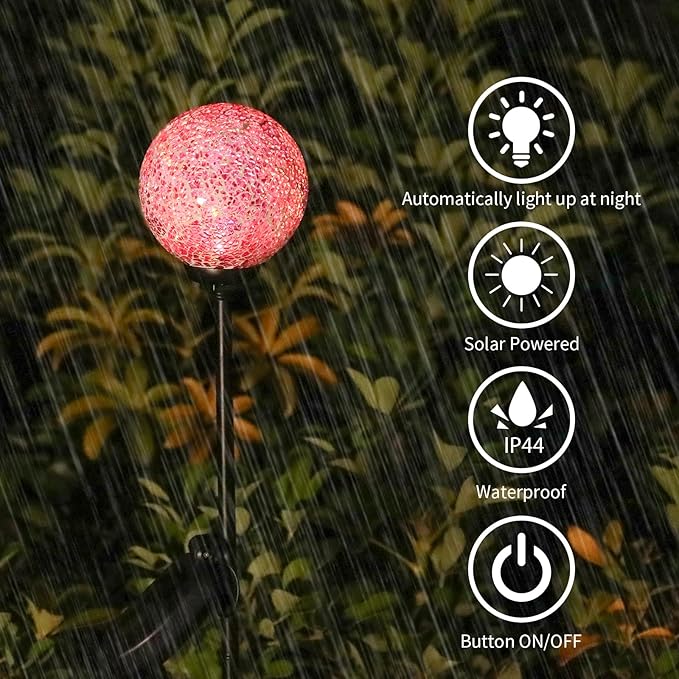 VCUTEKA Decorative Solar Garden Lights, 3.5" Mosaic Globe Outdoor Stake | Mosaic Glass Globe Design, Solar LED Light, Waterproof Design, Auto On/Off and Metal Stake Design for Lawn and Patio
