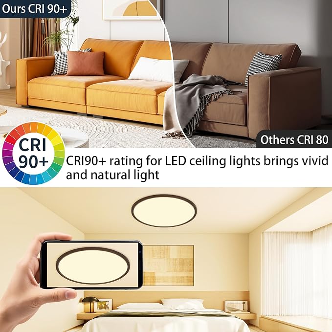MOONSEA 24-Inch Flush Mount LED Dimmable Ceiling Light Round – 48W | 3000K/4000K/6500K by Toggle Switch, 0.98in Low Profile Ceiling for Bedroom, Kitchen, Brightness Dimmable with Dimmer
