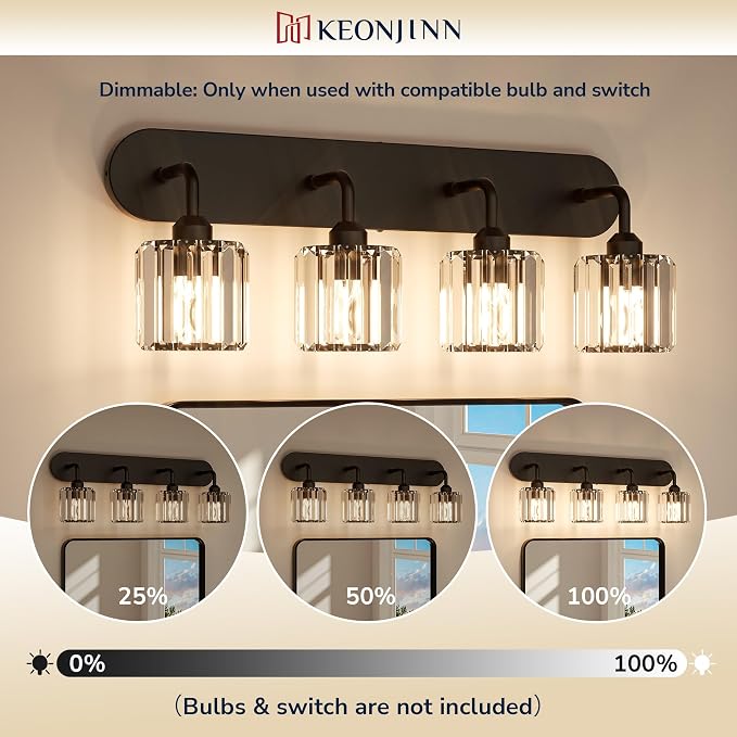 Keonjinn 4-Light Black Bathroom Light Fixtures Over Mirror, Crystal | Vanity Lighting Fixture with Crystal Square Shades, Dimmable, Modern Style, Compatible with E26 Base LED Bulbs (Exclude Bulb)