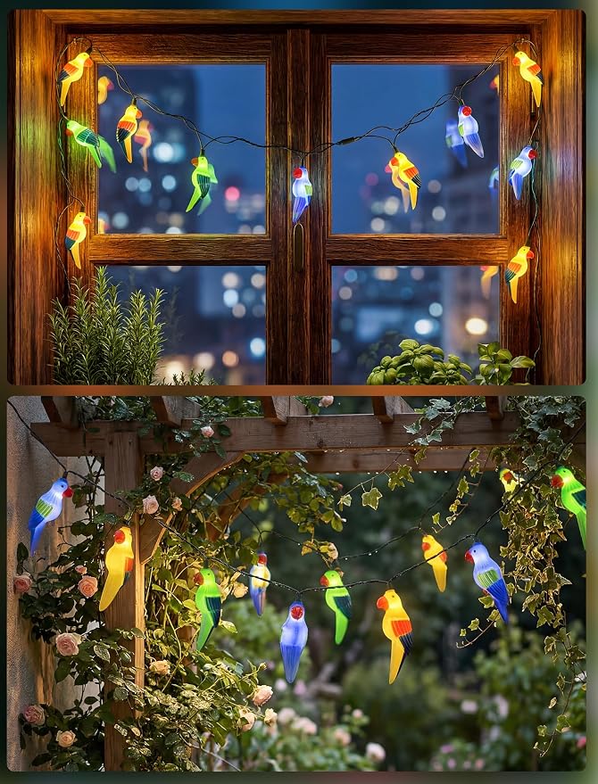 10 LED Tropical Beach Parrot Lights, 8.5Ft Camping String Lights Outdoor | Plug in, Connectable, 10 Multicolor Bird, Hanging Fairy Lights, Summer Hawaiian Decoration for Outside Party Home Decor