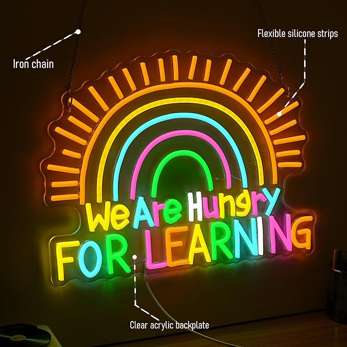 We Are Hungry For Learning Neon Sign LED Educational Light Up Sign USB Powered Rainbow Neon Light for Wall Decor Classroom Bedroom Shop Library Bookstore(16.54 * 12.6In)