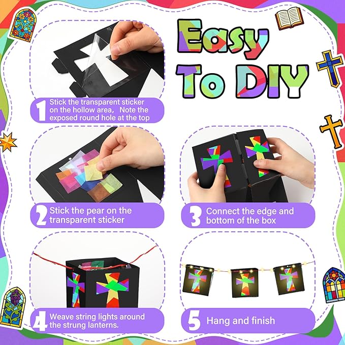 VIHOSE 24 Sets Easter Religious Cross Craft Christian DIY Hanging Lantern Tissue Paper Crafts Included Light String Make Your Own Paper Lantern Decorations for Church Sunday School VBS Activities