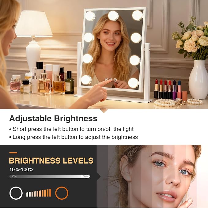 Makeup mirror with lights,Hollywood Vanity Mirror with 9 LED Bulbs，12" x 13.2" Plug in Makeup Mirror for Desk,Smart Touch Control 3Colors Dimmable, light up mirror for makeup,Bedroom,Tabletop,White