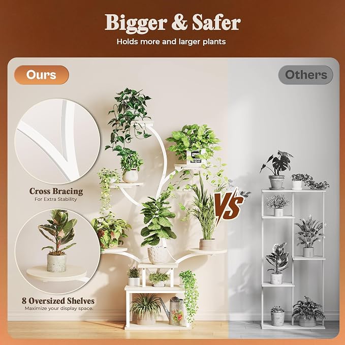 51 Inch Plant Stand with Grow Lights, 8 Tiered Indoor Plant Shelf | Corner Plant Rack with Larger Flower Holder, Curved-tubed Design, 3 Light Modes, for Living Room, White