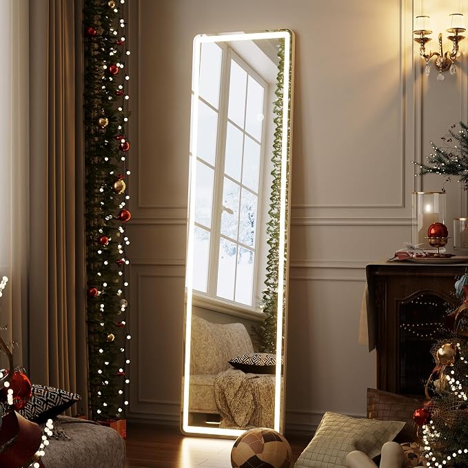 Easly Full Length Mirror - 16" x 60" Mirror Full Length with LED Lights Adjustable Screen Brightness, Wall Mounted or Freestanding, Full Body Mirrors for Bedroom, Living Room, Cloakroom,Salon