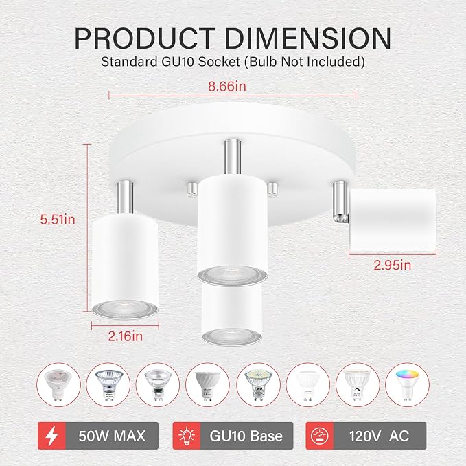 AUQUEE LED 4 Light Track Lighting Kit, LED Track Lighting Fixtures, White Round Ceiling Spot Lighting, Flexibly Rotatable Light Head for Kitchen, Living Room, Bedroom, GU10 Bulb Not Included
