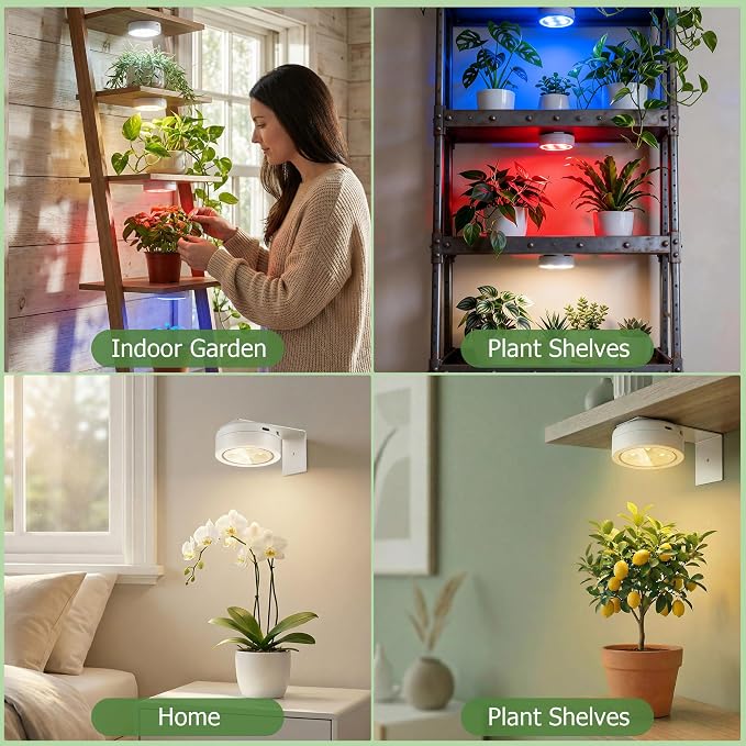 2 Pack Rechargeable Battery Grow Light, Full Spectrum Indoor Plant Light | Cordless, Timer & Remote, Stepless Dimming, Type-C Charging 2000mAh, Wireless Magnetic Puck Plant Lights for Indoor Growing