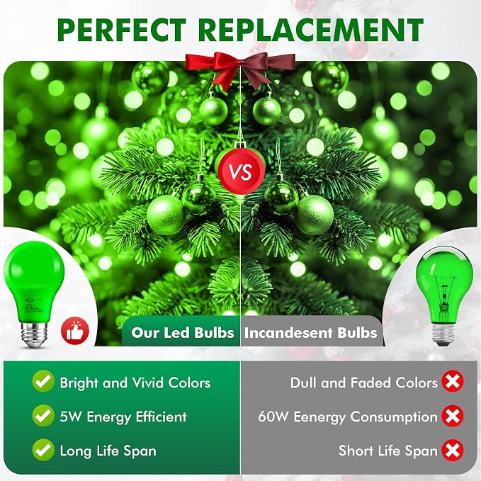 TJOY Green LED Light Bulb Outdoor Porch Halloween, A19 Colored 60 Watt Eq | Green Colored LED Lights, 5W E26 Base, Christmas Indoor Party Bedroom Decoration, Non-Dimmable, 4 Pack