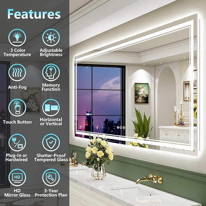 88x38 LED Bathroom Mirror, Backlit & Front Lit Lighted Mirror | Anti-Fog Vanity Mirror with Lights, 3 Color Dimmable, Memory, Shatterproof, Tempered Glass, CRI95, UL Listed, Wall Mounted