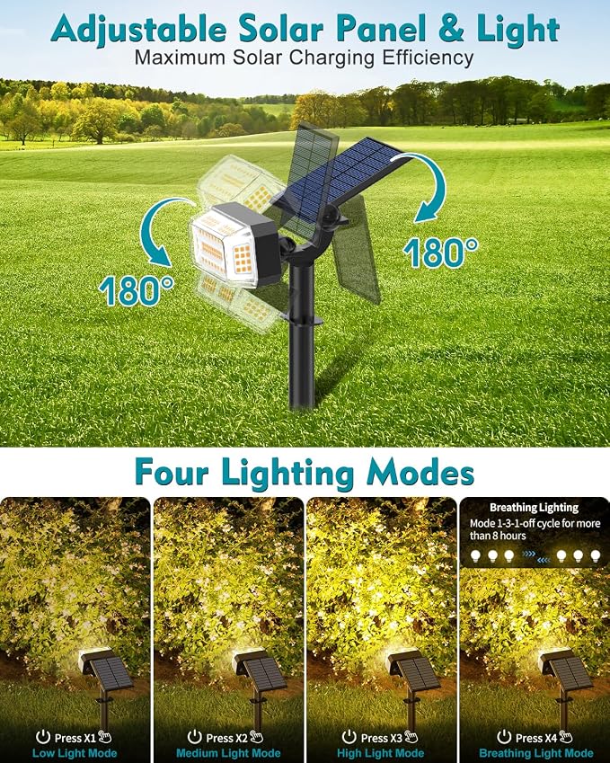 102 LEDs Solar Spot Lights Outdoor, 6 Pack Warm White Solar Spotlights | 4 Modes, Waterproof IP65, Adjustable Light & Panel Landscape Flood Powered Lights for Yard Garden Pathway Wall