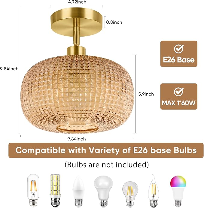 ROTTOGOON Semi Flush Mount Ceiling Light, Adjustable Hanging Gold Sloped Ceiling Lights with Amber Glass Shade Modern Hallway Light Fixtures for Kitchen Bathroom Entryway Bedroom (Bulb Not Included)