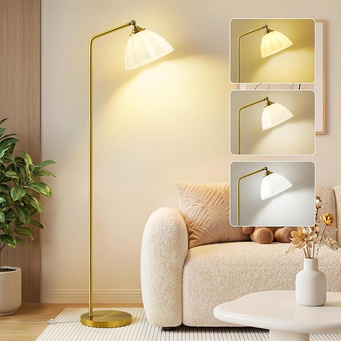 Floor Lamps for Living Room, 63" Modern Tall Standing Lamp, 3CCT | Lamp for Bedroom, Office, Reading Nook, Kids Room, Glass Lampshade, Foot Switch, Weighted Base, Easy Assembly, Home Decor