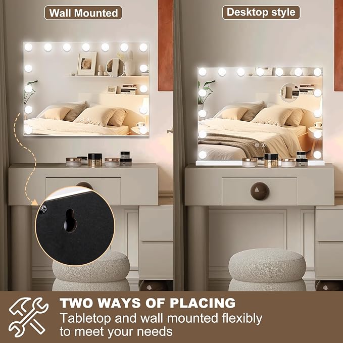 Moonee Vanity Mirror with Lights, Bluetooth Hollywood Lighted Makeup Mirror with 15 Dimmable Bulbs and 10X Magnification, 3 Colors Modes, Light Up Mirror, Gifts for Women, Girls（23" x 18"）