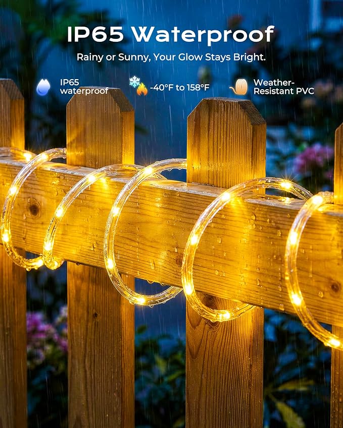 Brightown Solar Rope Lights, 2 Pack Total 78FT 200LED Warm White Solar String Lights Outdoor, IP65 Waterproof Solar Powered Fairy Lights with 8 Lighting Modes for Yard Garden Patio Tree Decoration | IP65 Waterproof Solar Fairy Lights with 8 Lighting Mo...