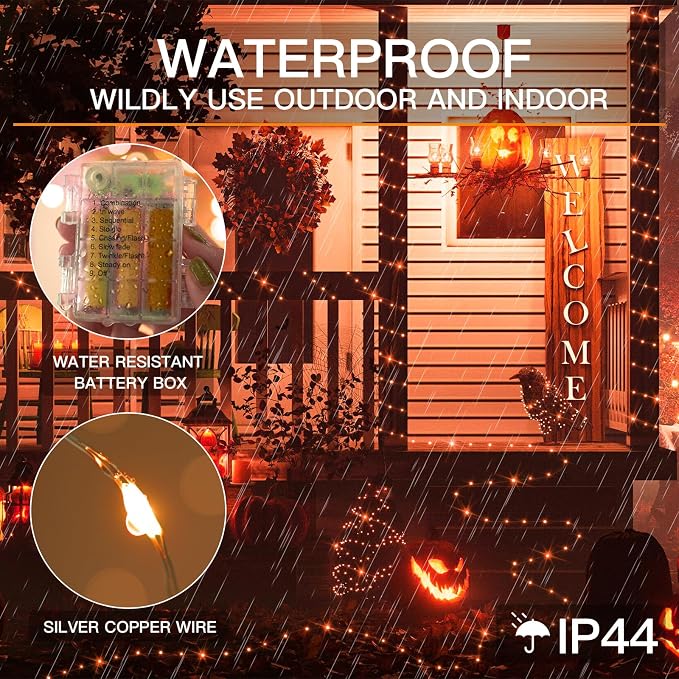 Orange Halloween Fairy Lights Battery Operated, 66ft 200 LED Copper Wire Twinkle Lights Waterproof, String Lights with Remote for Bedroom, Party, Yard, Door, Garland, Tree Decorations