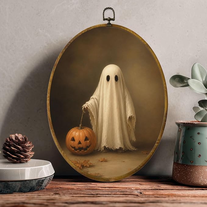 Ghost Pumpkin Oval Wall Art, Framed Canvas Decor, 8.5x11.5 Inch | Classic white ghost with jack o lantern pumpkin, rustic vintage Halloween decor