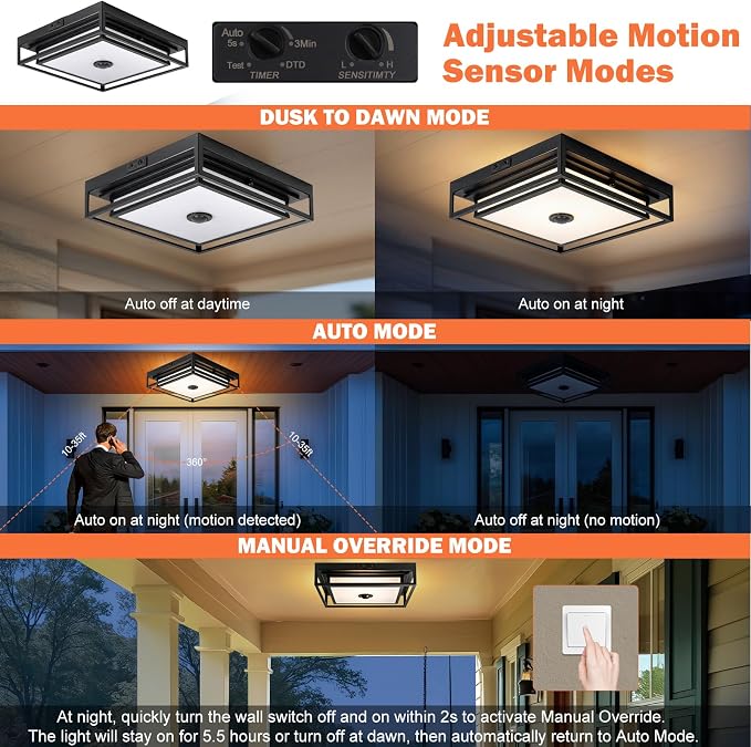 13" Motion Sensor Outdoor Ceiling Light Large Flush Mount Lighting 2 Pack | Modern Outdoor Ceiling Lights for Porch, Adjustable Color, Exterior Waterproof Ceiling Light Dusk till Dawn, Anti-Rust