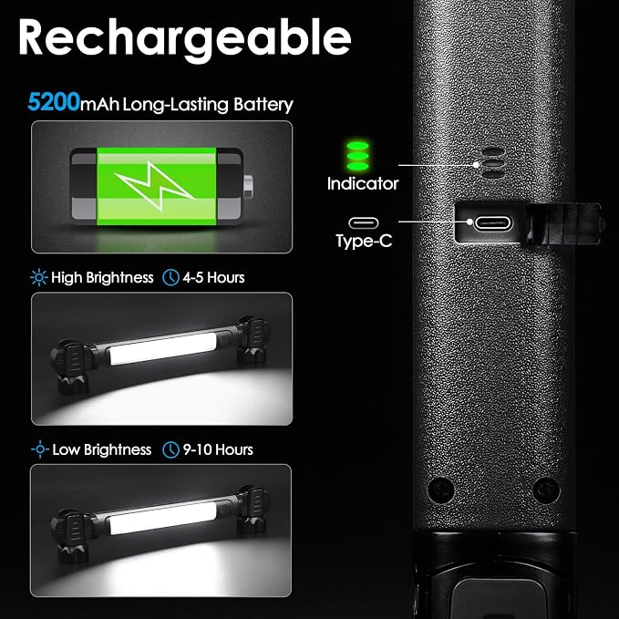 Ropelux Mechanic Work Light Bar with 2500LM 5200mAh Battery, Black 2 Pcs | 2-Level Brightness, 7500K Cool White, 4-10 Hours Runtime, Magnetic Bases, Hooks, 360° Rotating, Rechargeable, Tool Gift