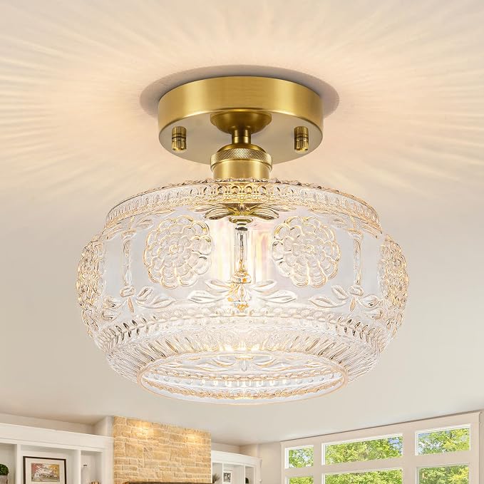Semi Flush Mount Ceiling Light Fixture - Brass & Floral Glass Shade, Vintage Modern Lighting for Entryway, Bathroom, Kitchen, Bedroom (Bulb Not Included)