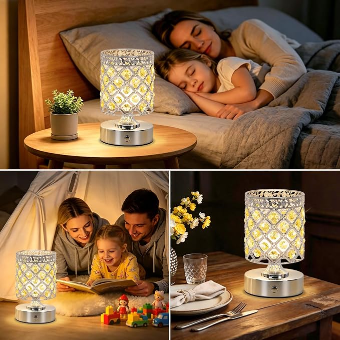 Yellow Crystal Rechargeable Cordless Table Lamp, Touch Small Desk Lamp | 6000mAh Battery, 3 Color Temps, Stepless Dimming, USB Charging, Portable Wireless Night Light for Bar Bedroom Living Room