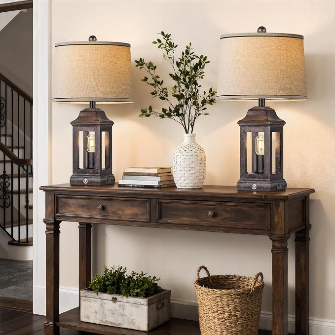 24" Rustic Farmhouse Table Lamps for Living Room, Single Pack Touch Dimmable Nightlight Vintage Bedside Lamps with USB A+C Ports & Dual Light Sources for Bedroom Nightstand End Table, Antique Black
