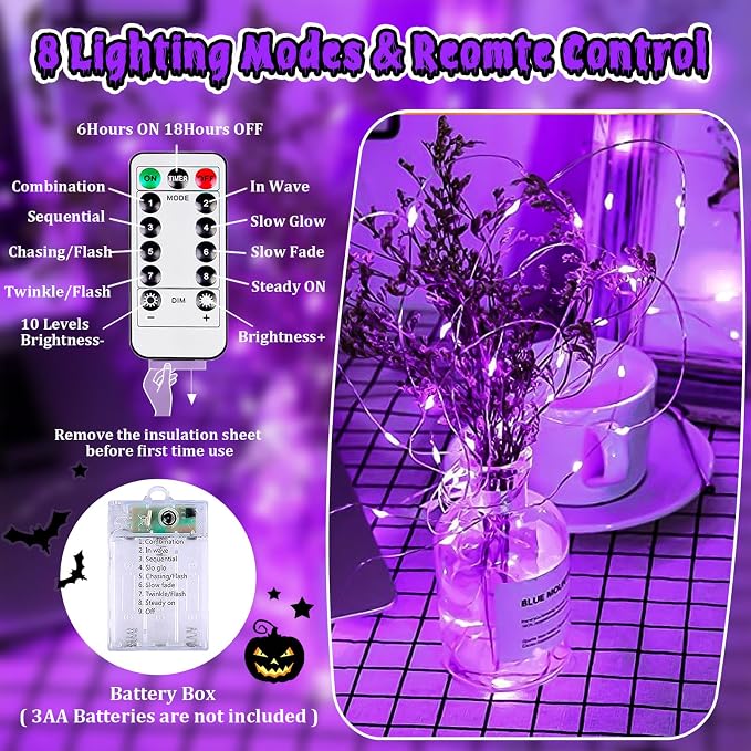 3 Pack Fairy Lights Battery Operated Halloween String Lights Remote Purple | Each 80LED 26FT, 8 Modes & Timer, Waterproof Wire, Twinkle Lights String for Halloween Horror Party Tree Indoor Outdoor Decor