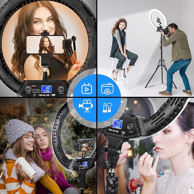 Yesker Ring Light 18" Wireless Remote LCD Screen with Tripod Stand 65W LED Ringlight Bi-Color 3200-5500K CRI≥95 for Portrait Live Stream Photography Tiktok Video Zoom Meeting Online Teaching