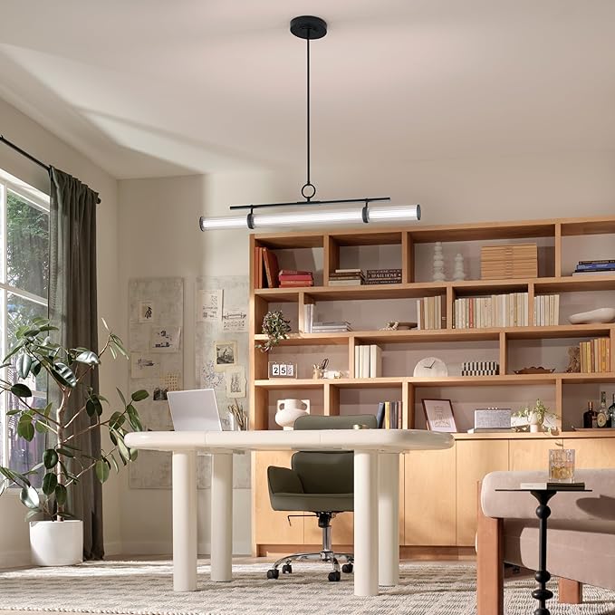 Kichler Riven LED 1-Light Linear Chandelier with Clear Fluted Glass in Black, Sloped Ceiling Compatible, for Kitchen or Dining Room (9.5" x 8" x 48.25"), 52753BKLED