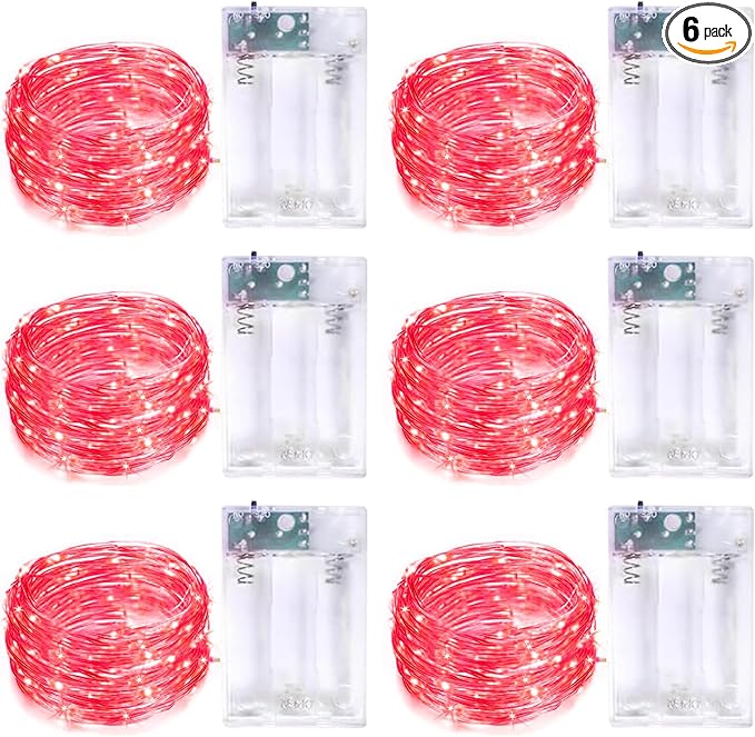 6 Pack Fairy Lights Battery Operated with Timer Silver Wire Mini 13FT 40LED Waterproof Cuttable Twinkle Christmas String Lights for Home Bedroom Wedding DIY Centerpiece Birthday (Red)