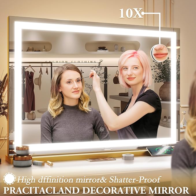 ROLOVE Vanity Mirror with Lights, 32" x 22" Large Lighted Vanity Mirror with Dimmable 3 Modes, LED Makeup Mirror, 10X Magnification, USB Charging Port, Tabletop or Wall-Mounted Square Gold