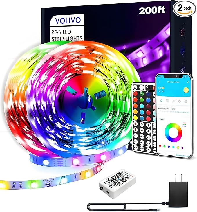 VOLIVO LED Strip Lights for Bedroom 200ft(2 Rolls of 100 ft), Smart Bluetooth RGB Light Strips with App Control & Music Sync, Color Changing LED Lights for Room, Home, Party Decor | 2 Rolls 100ft, Smart Bluetooth App Control, Music Sync, Party Home Decor