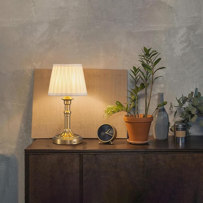 KDG Gold Cordless Portables Table Lamp, Beige Fabric Shade Small Desk Lamp | 4000mAh Battery Powered, LED Lighting, 2700K Stepless Dimmable, Light for Living Room, Dining Room, Bedroom, Home Decor