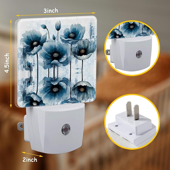 Plug Night Light,Vintage Blue Flower Oil Painting Night Light Lamp Auto Sensor Energy Efficient Dusk to Dawn Lights for Girls Boys Women Room Decor,Hallway,Kitchen,Bathroom,Nursery,Stairs
