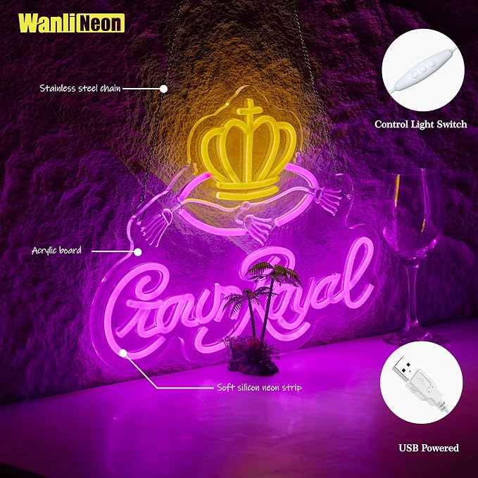 Crown Neon Sign for Bar Wall Decor, Royal Beer Lights Signs Whiskey LED Sign for Bar Man Cave Bedroom Home Shop Pub Bistro Party Hotel Game Room Decor Gifts, USB Powered