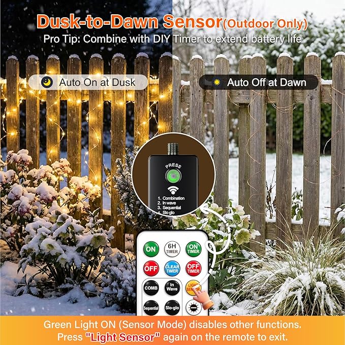 ZSJWL Rechargeable Fairy Lights with Remote，33ft 100 LED Outdoor Battery String Lights with DIY Timer & Light Sensor, Waterproof Dimmable Twinkle Light for Tree Christmas Indoor, Warm White