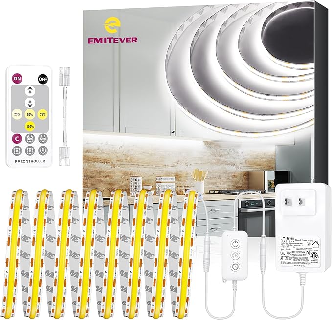 EMITEVER Cool White COB Strip Light Kit 5000K,16.4ft 2400LEDs,24V Dimmable | CRI 90+,305+LM/ft,ETL 48W power supply & remote included,UL listed Strip for living room,kitchen,under cabinet & shelving