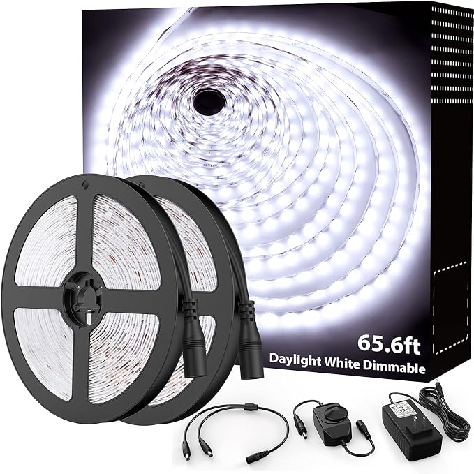 Onforu LED Strip Lights, 65.6ft Dimmable Daylight White for Under Cabinet | 20M 6000K Flexible 12V Adhesive Ribbon Easter Tape Rope Light for Kitchen, Bedroom