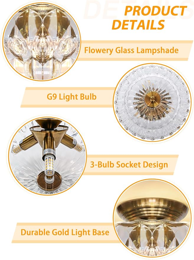Semi Flush Mount Ceiling Light,11IN 3-Bulb Clear Glass | Vintage Gold Hallway Lights Fixture, Globe Close to Ceiling Light for Bathroom, Hallway, Dining Room,Bulb Not Included