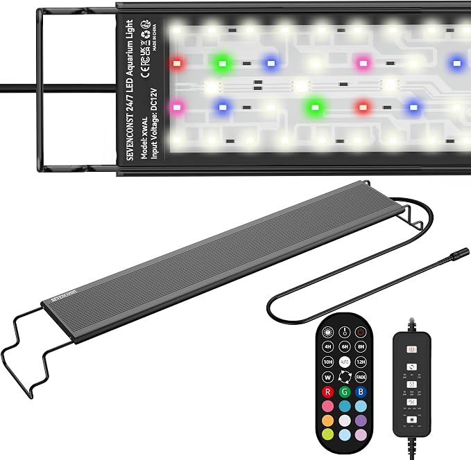 24/7 LED Aquarium Light with Remote for 36-46 Inch Plant & Fish Tank IP68, 12-Color & Gradient & Full Spectrum Light with Timer, Auto On/Off, Brightness, Extendable Brackets for Freshwater