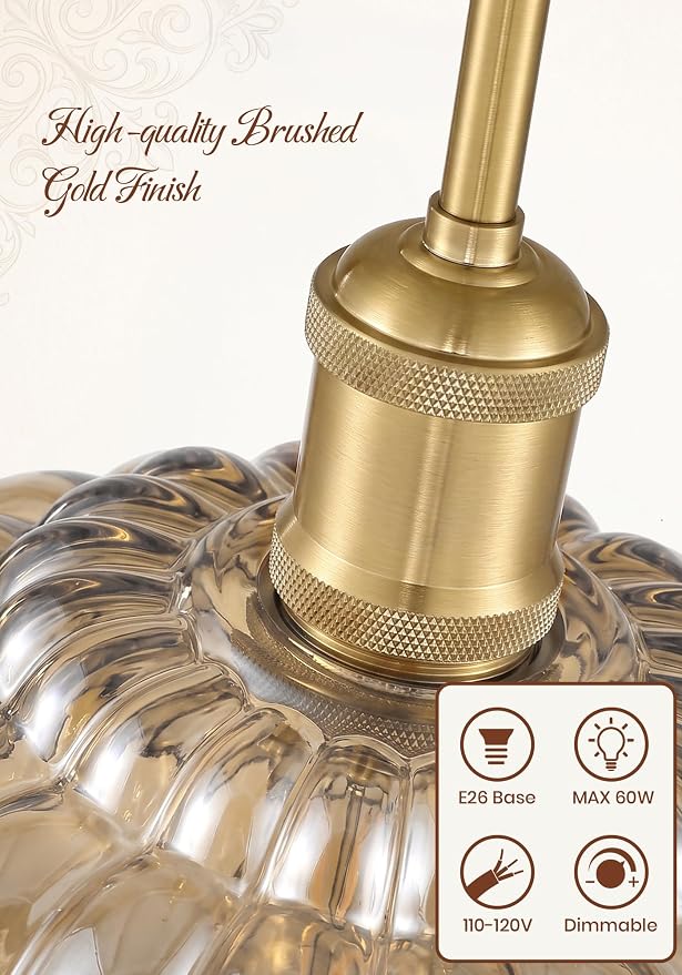 Gold Pendant Light with Glass Shade, Vintage Floral Glass Pendant Lamp for Kitchen Island, Adjustable Hanging Rods Sloped Ceiling Compatible, Living Room Bedroom Hotel-Amber
