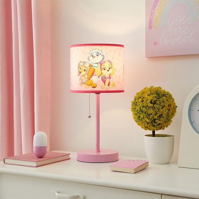 Paw Patrol Stick Table Lamp for Kids – Featuring Everest, Liberty & Skye, Pull Chain On/Off, Printed Decorative Shade, Perfect for Bedroom, Nursery or Playroom