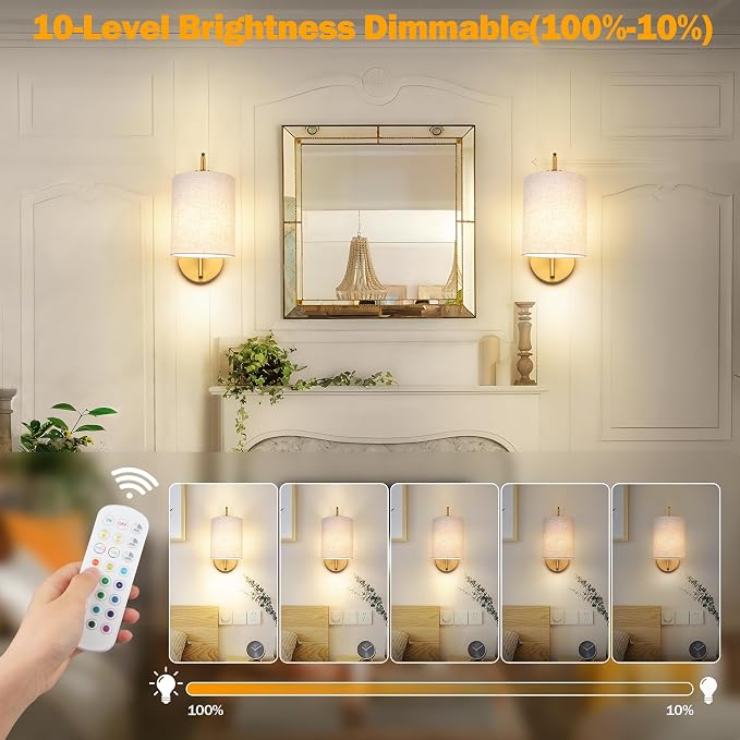 Battery Operated Wall Sconce Set of 2, Gold Wall Light Fixture | Rechargeable Wall Mount Light, Dimmbale Bulb & Remote, 12 RGB Colors & Timer, Wireless Wall Lamp Linen Shade, Bedroom Hallway