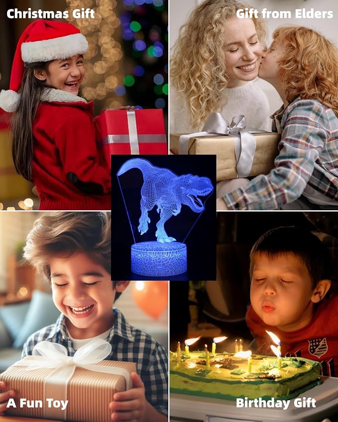 Dinosaur 3D Illusion LED Night Light, 5 Patterns, Kids Lighting | 16 Colors Changing, Dimmable, Smart Touch & Remote Control, Bedroom Room Décor Lamp, Gift Jurassic Toy Toddler Teen Boy Girl