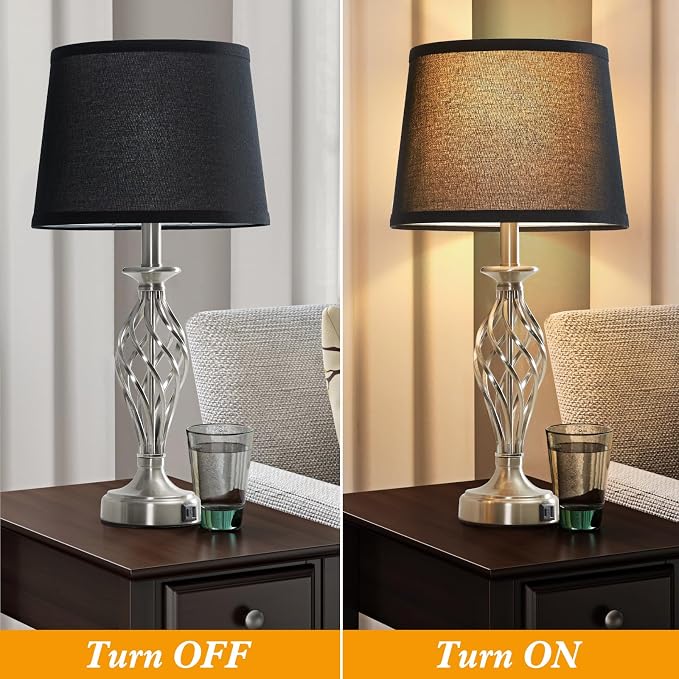 Table Lamp for Bedroom Set of 2 with USB C+A Ports, Modern Bedside Lamps with Spiral Cage Base, Fabric Shade, Nightstand Lamp for Living Room Reading Bed Side End Table, 2 LED Bulbs Included (Silver)