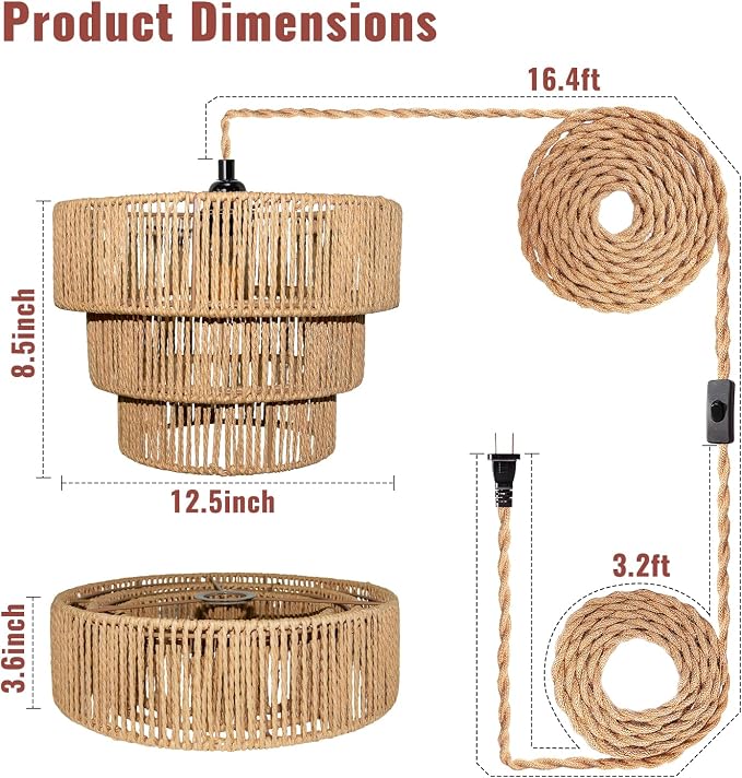 Hanging Light Ceiling Lamp Pendant Lights Rattan Hanging Lamp with Plug in Cord for Living Room Bedroom Kitchen Indoor Hanging Lamp Plug in Woven Lampshade