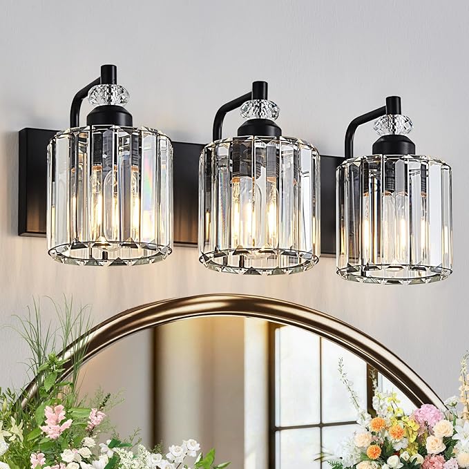 3-Light Black Bathroom Light Fixtures Over Mirror Modern Vanity Lights Crystal Wall Sconce Vintage Bathroom Lighting with Crystal Shade E26 Base for Bedroom, Living Room, Hallway