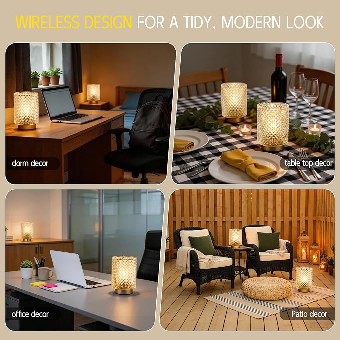 2 Pack Battery Decorative Operated Lamp,Small Accent Table Lamp with Timer for Bedside/shelf,Cordless Glass Ambience Lamp with Warm White Glow for Bookshelf/Entryway/Tabletop Decor(Iridescent Clear)