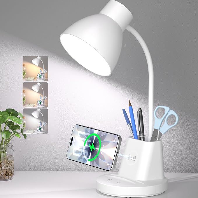 10W Wireless Charging LED Desk Lamp with Pen Holder, CRI 95, White | 800LM, 3 Modes, 360°Flexible Arm, Touch, Brightness, Table Lamp for Home Office, Dorm, Bedside, Study, Reading, with Adapter